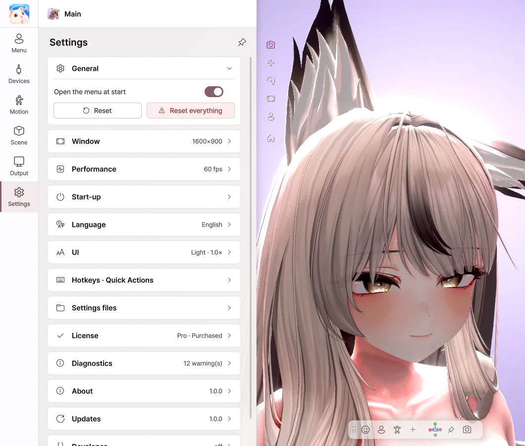 Settings page
